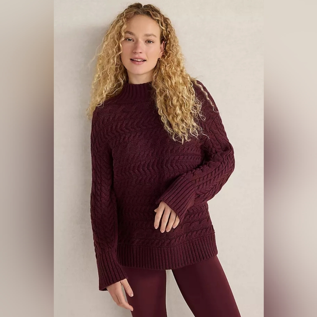 Haven Well Within Xl Organic Cotton Cable Knit Funnel Neck Sweater Burgundy